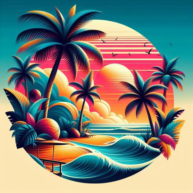 PSD hyperrealistische vektorkunst illustration tropische karibikpalme kokosnusspalme strand sonnenuntergang poster