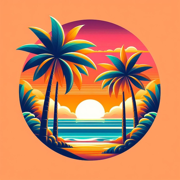 PSD hyperrealistische vektorkunst illustration tropische karibikpalme kokosnusspalme strand sonnenuntergang poster