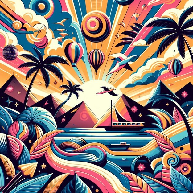 PSD hyperrealistische vektorkunst illustration tropische karibikpalme kokosnusspalme strand sonnenuntergang poster