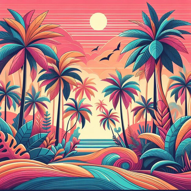 PSD hyperrealistische vektorkunst illustration tropische karibikpalme kokosnusspalme strand sonnenuntergang poster