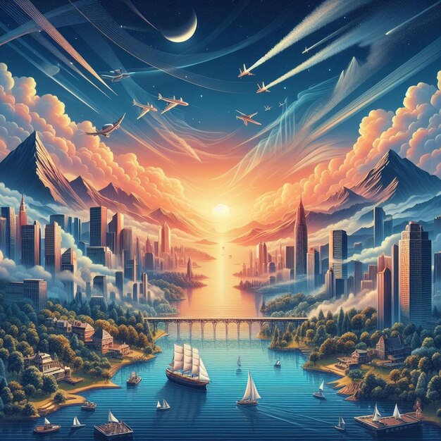 PSD hyperrealistische vektorkunst illustration tropische karibikpalme kokosnusspalme strand sonnenuntergang poster