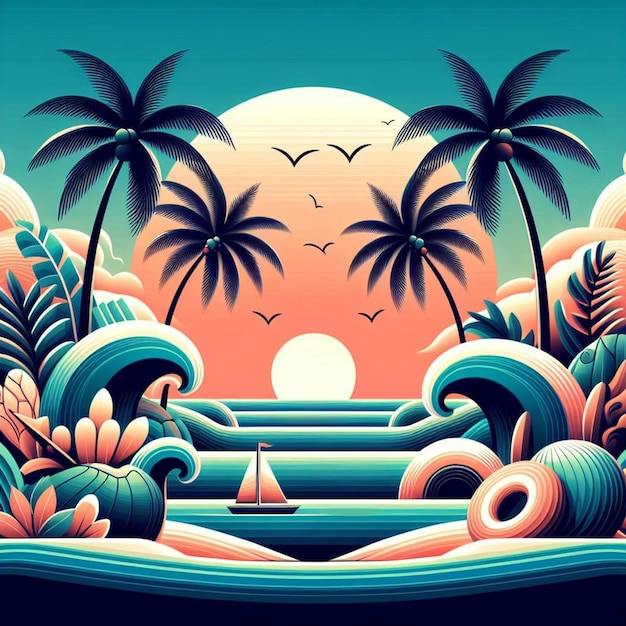 PSD hyperrealistische vektorkunst illustration tropische karibikpalme kokosnusspalme strand sonnenuntergang poster