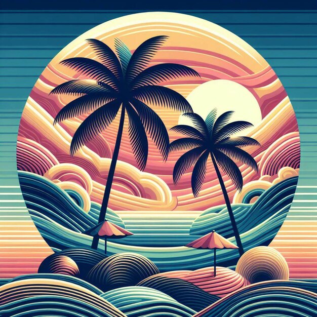 PSD hyperrealistische vektorkunst illustration tropische karibikpalme kokosnusspalme strand sonnenuntergang poster