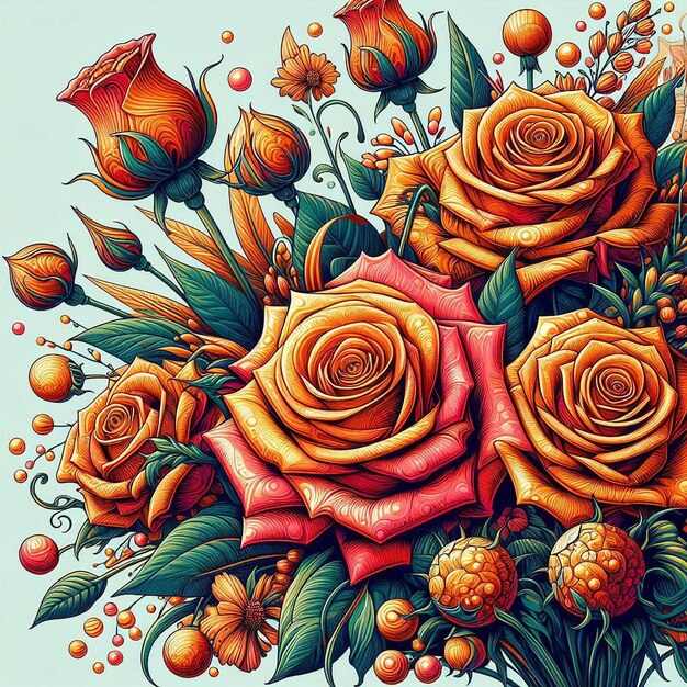 PSD hyperrealistische vektorkunst trendige festliche orangefarbene bouquet neonfarbene rosen blumen isoliert schwarz