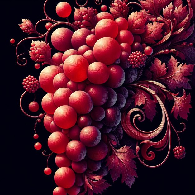 PSD hyperrealistische vektorkunst trendy köstliche frische fruchtige rotweintrauben blätter isoliertes stillleben