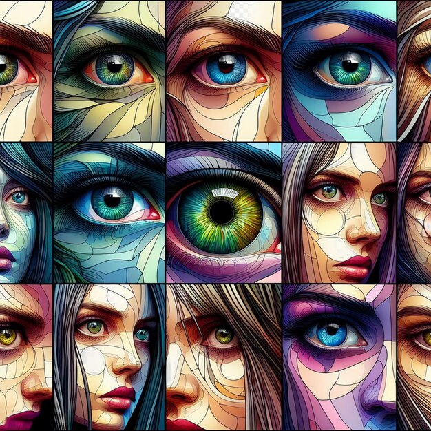 PSD hyperrealistische weibliche iris, augen, makro, gesichtshaut, farbenfrohe, leuchtende illustration