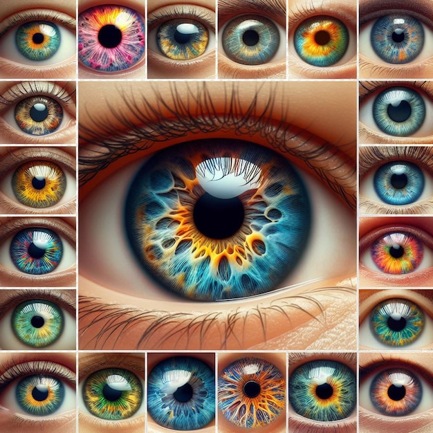 PSD hyperrealistische weibliche iris, augen, makro, gesichtshaut, farbenfrohe, leuchtende illustration