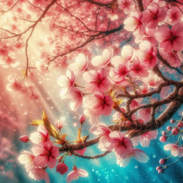 PSD hyperrealistisches bild farbenfrohe frühling sakura kirschblüte festival morgen tau sonnenuntergang hanami sicht