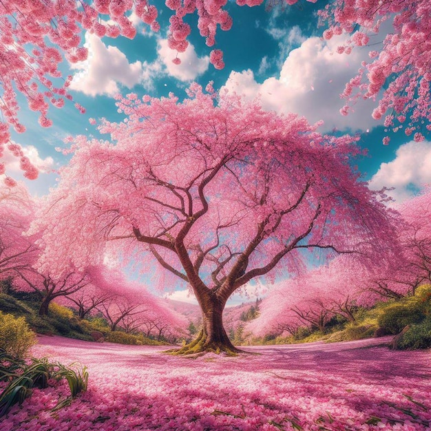 PSD hyperrealistisches bild farbenfrohe frühling sakura kirschblüte festival morgen tau sonnenuntergang hanami sicht