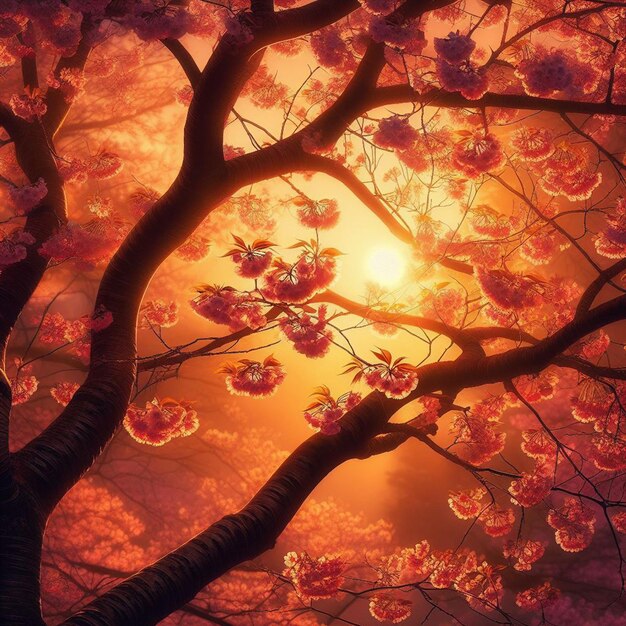 Hyperrealistisches bild farbenfrohe frühling sakura kirschblüte festival morgen tau sonnenuntergang hanami sicht