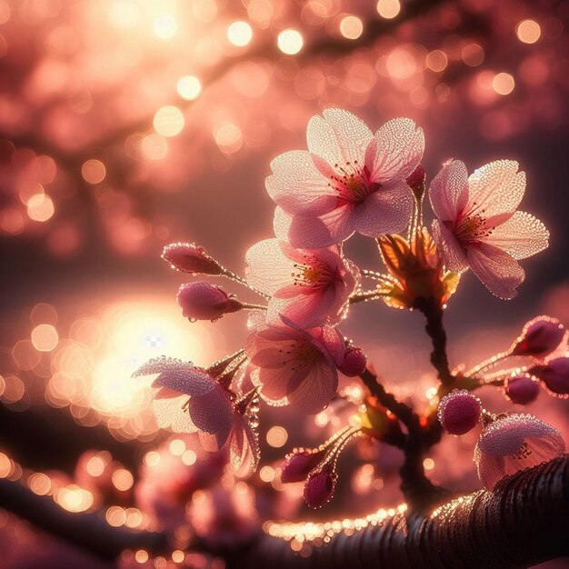 PSD hyperrealistisches bild farbenfrohe frühling sakura kirschblüte festival morgen tau sonnenuntergang hanami sicht