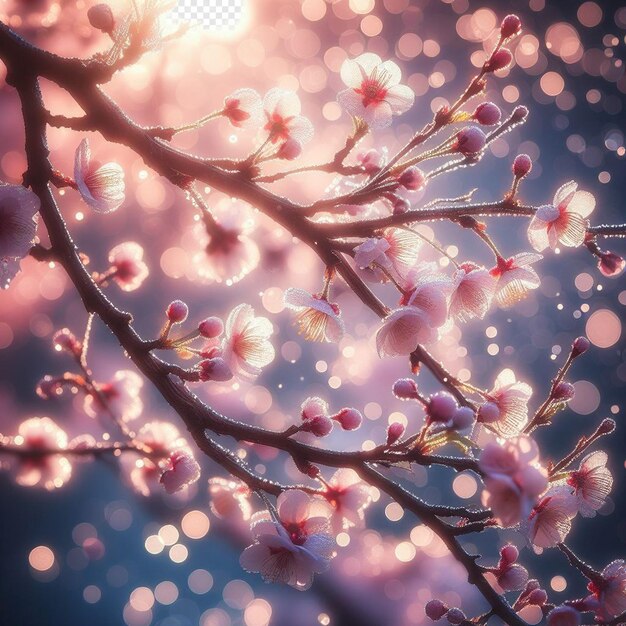 PSD hyperrealistisches bild farbenfrohe frühling sakura kirschblüte festival morgen tau sonnenuntergang hanami sicht