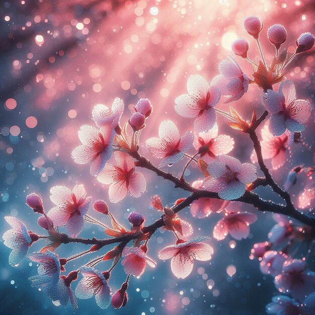 PSD hyperrealistisches bild farbenfrohe frühling sakura kirschblüte festival morgen tau sonnenuntergang hanami sicht