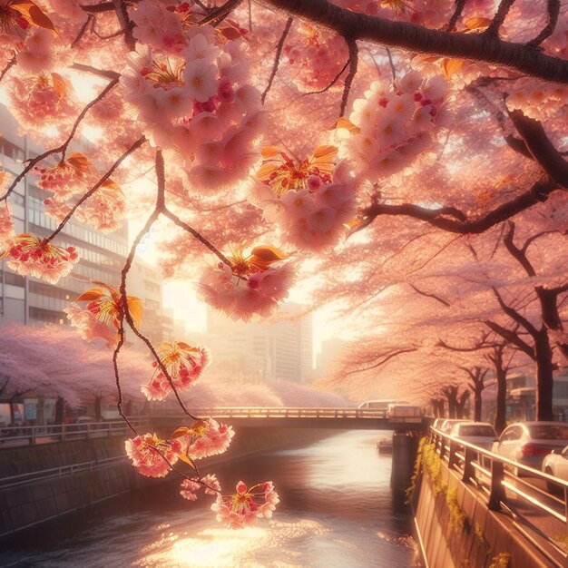 PSD hyperrealistisches bild farbenfrohe frühling sakura kirschblüte festival morgen tau sonnenuntergang hanami sicht