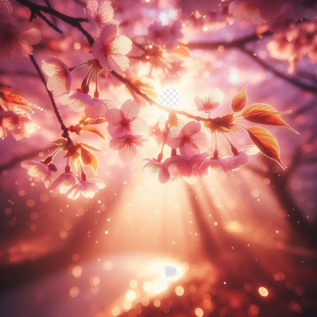 PSD hyperrealistisches bild farbenfrohe frühling sakura kirschblüte festival morgen tau sonnenuntergang hanami sicht