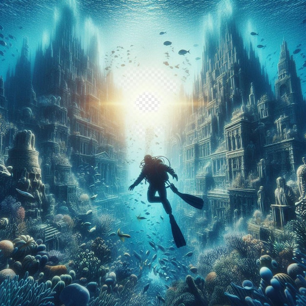 PSD hyperrealistisches bild taucher, taucher, die versunkene, verlorene atlantis im blauen ozean erforschen