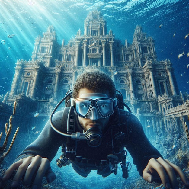 PSD hyperrealistisches bild taucher, taucher, die versunkene, verlorene atlantis im blauen ozean erforschen