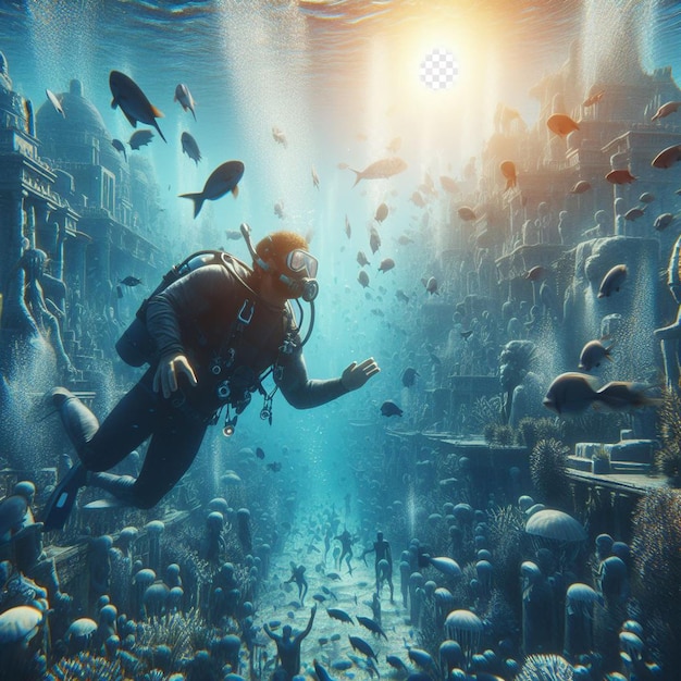 PSD hyperrealistisches bild taucher, taucher, die versunkene, verlorene atlantis im blauen ozean erforschen