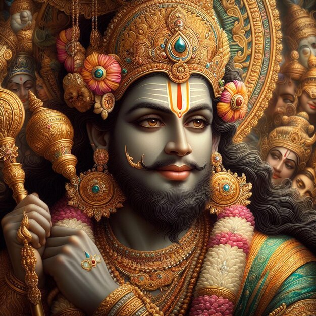 PSD hyperrealistisches heiliges heiliges goldenes hindu-gott rama navami religiöses fest hinduismus porträt