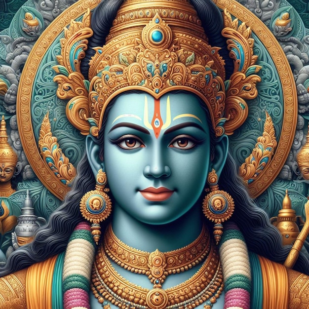 PSD hyperrealistisches heiliges heiliges goldenes hindu-gott rama navami religiöses fest hinduismus porträt