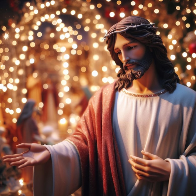 PSD hyperrealistisches porträt der heiligen, heiligen, geliebten jesus-statue und des gesichts mit lebendigen hintergrundlichtern.