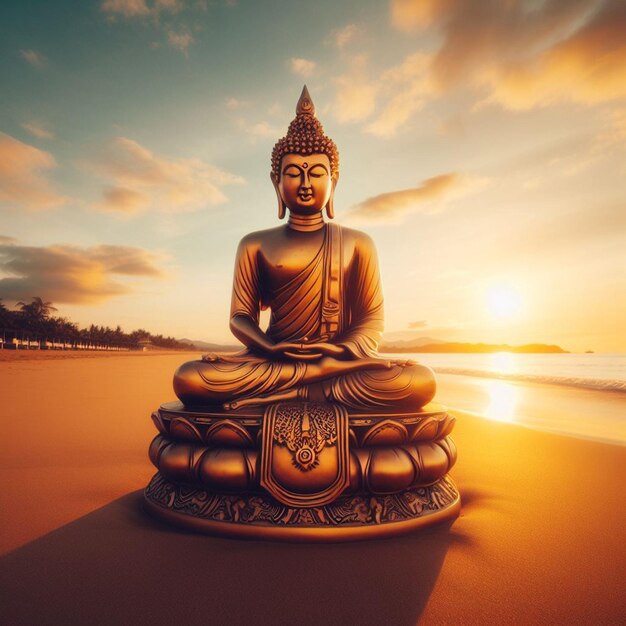 PSD hyperrealistisches porträt der heiligen heiligen goldenen buddha-skulptur strand sonnenuntergang hintergrund meeressand.