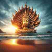 PSD hyperrealistisches porträt der heiligen heiligen goldenen buddha-skulptur strand sonnenuntergang hintergrund meeressand.