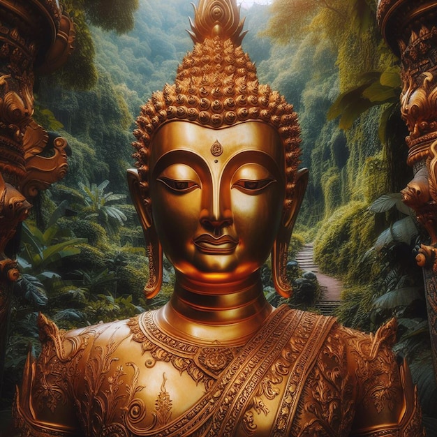 Hyperrealistisches Porträt einer heiligen, heiligen goldenen Buddha-Skulptur im lebendigen Dschungel-Hintergrund.