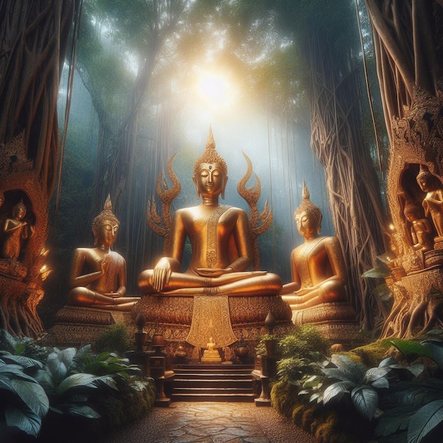 Hyperrealistisches porträt einer heiligen, heiligen goldenen buddha-skulptur im lebendigen dschungel-hintergrund.