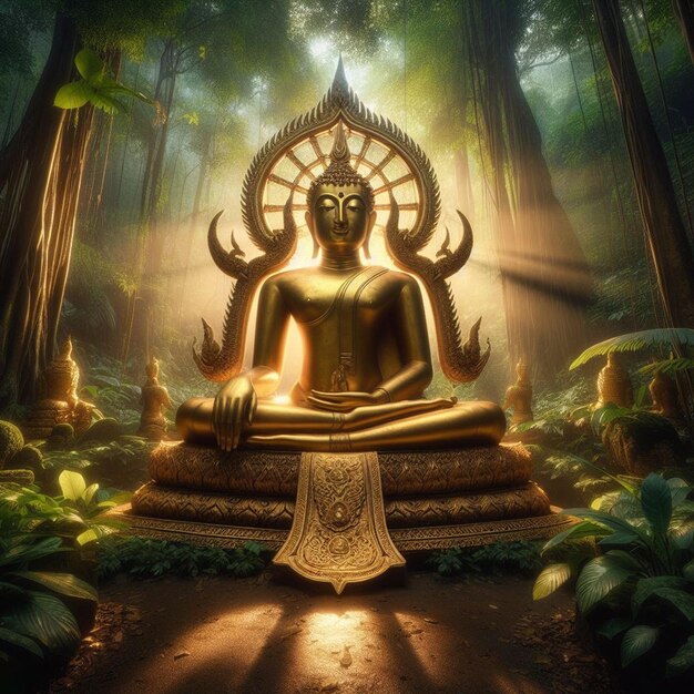 Hyperrealistisches porträt einer heiligen, heiligen goldenen buddha-skulptur im lebendigen dschungel-hintergrund.