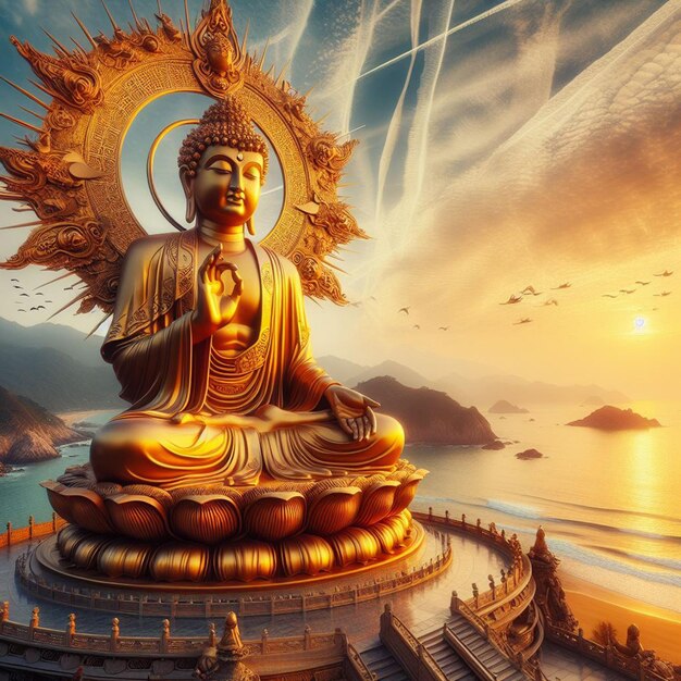 PSD hyperrealistisches porträtbild majestätisch farbenfrohe heilige goldene buddha-statue am strand im hintergrund