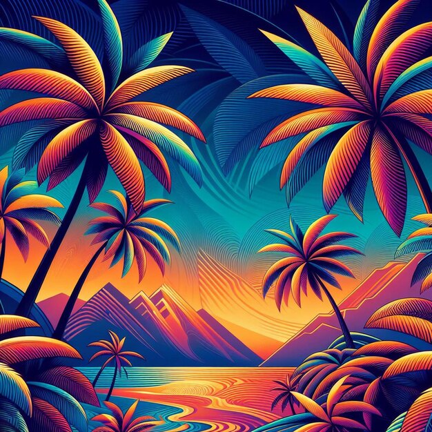 PSD hyperrealistisches tropisches exotisches farbenfrohes kokospalmen-strandmuster transparenter hintergrundbild