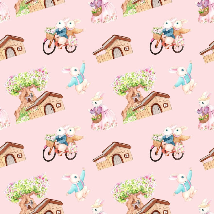 PSD i conigli sono attivi intorno alla casa ballando guidando biciclette acquerello disegnato a mano disegno senza cuciture