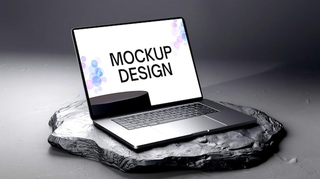 I file PSD ad alta risoluzione un portatile moderno elegante posizionato su una pietra che mostra un modello di progettazione