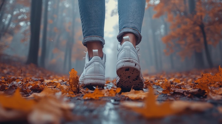 PSD i piedi delle donne camminano su un sentiero coperto di foglie d'autunno in una foresta nebbiosa