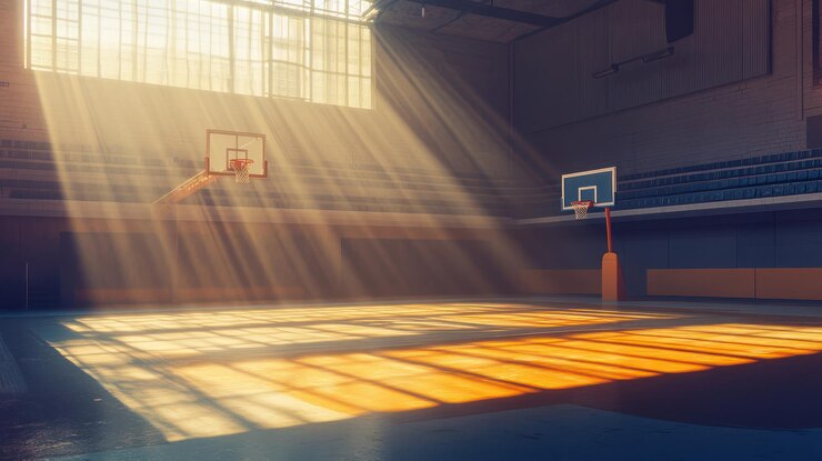 PSD i raggi di sole illuminano il campo di basket vuoto
