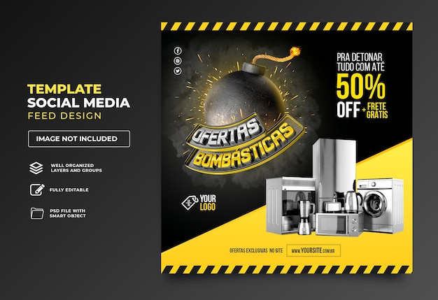 I social media pubblicano offerte esplosive nel rendering 3d portoghese per la campagna di marketing in Brasile
