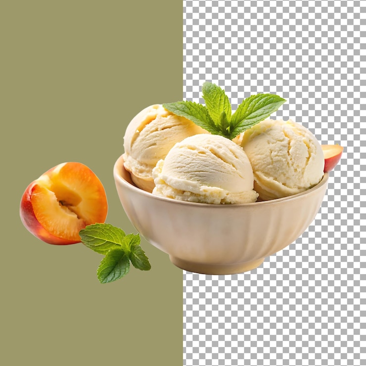 Ice Cream Scoops with Peach and Mint in a Bowl