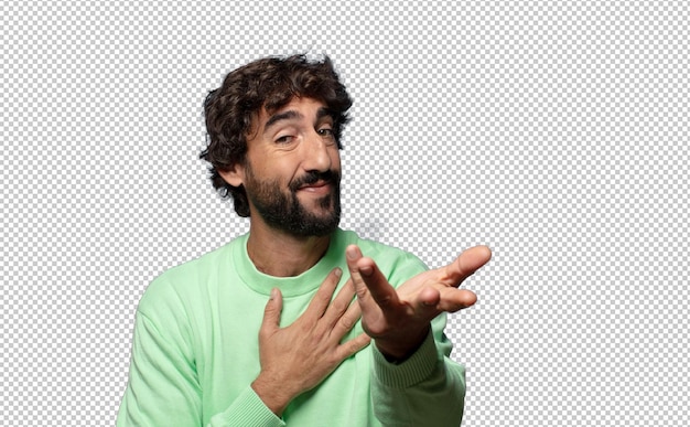 Ich fühle mich glücklich und verliebt, lächle mit einer Hand neben dem Herzen und der anderen ausgestreckt nach vorne.