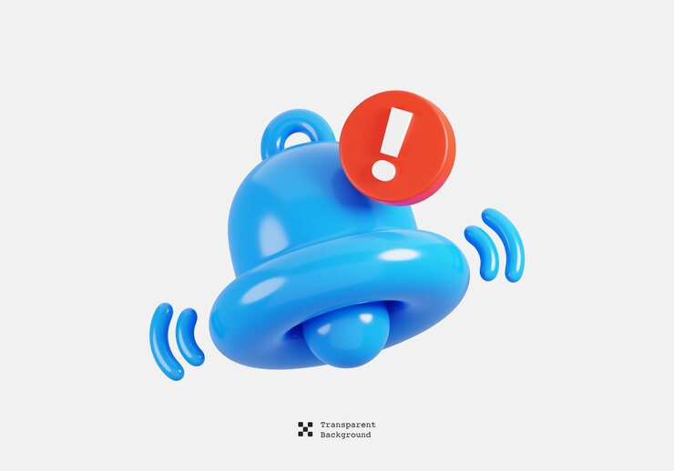 PSD icon 3d de la campana de sonido azul de notificación con símbolo de advertencia o error