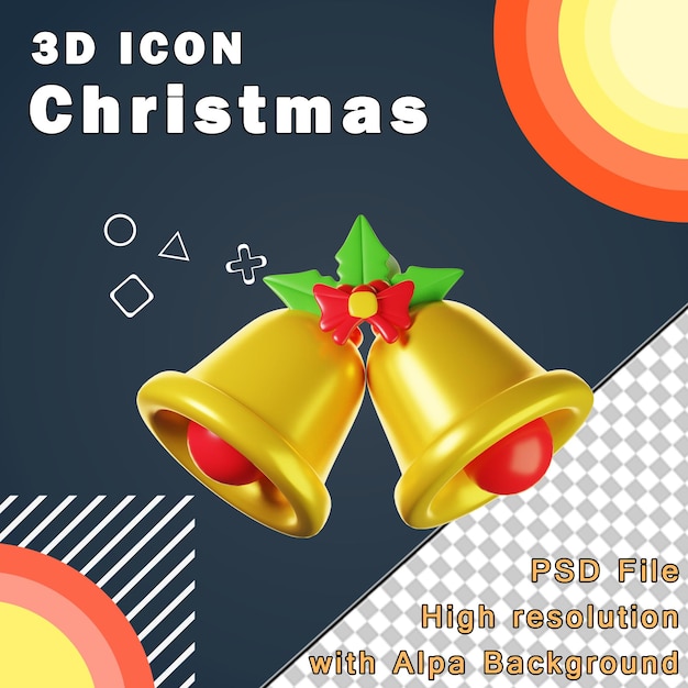 Icon 3d campanas de Navidad con cinta roja Ilustración 3d de alta resolución