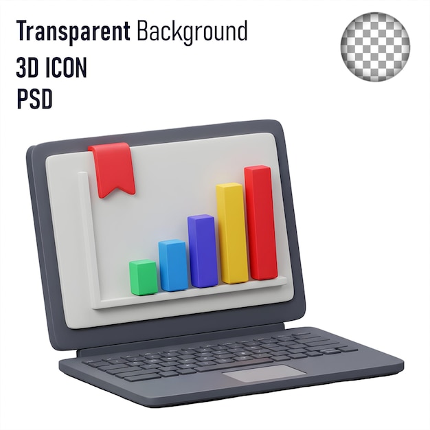Icon 3D de una computadora portátil que muestra un gráfico de negocios y un informe de progreso