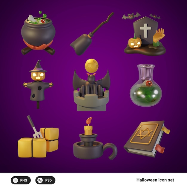 PSD icon 3d de halloween icon pack definido para banner e design uxui