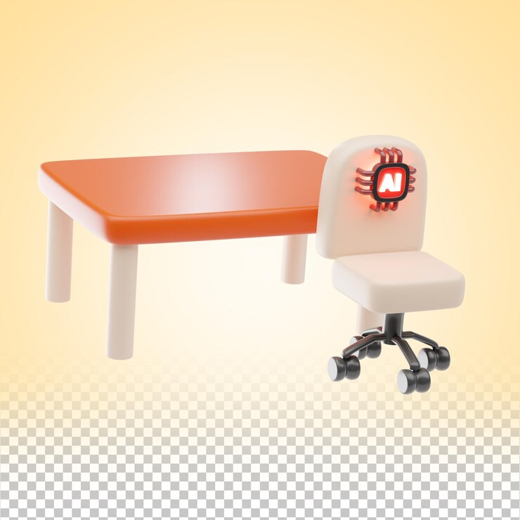 PSD icon 3d de escritorio y silla inteligentes con tecnología avanzada de inteligencia artificial