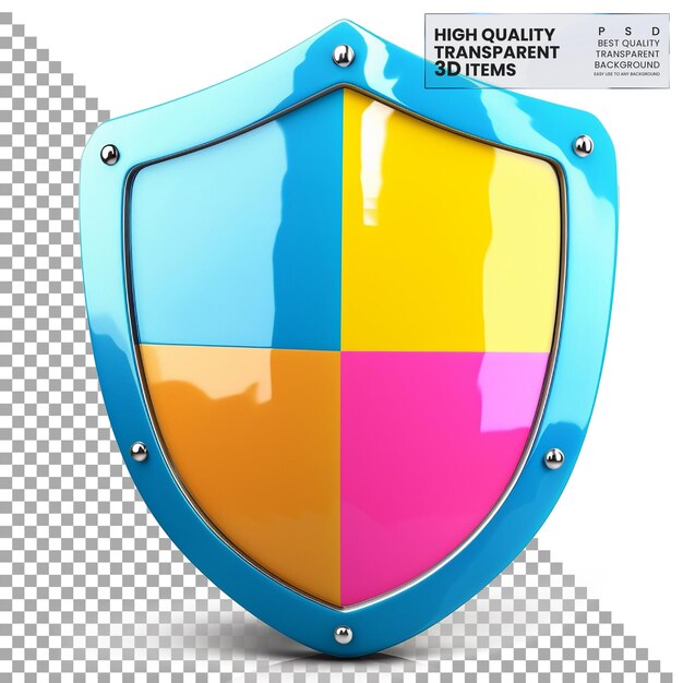 Icon 3D de escudo Un icono de escudo 3D de colores que representa la protección en un fondo transparente