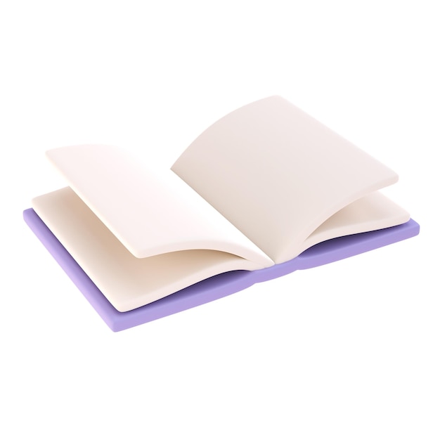 Icon 3D escuela de libro abierto, diario con páginas en blanco de papel blanco y marcador.