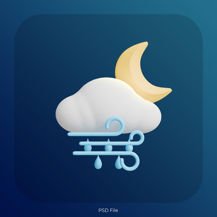 PSD icon 3d de la noche lluviosa y ventosa