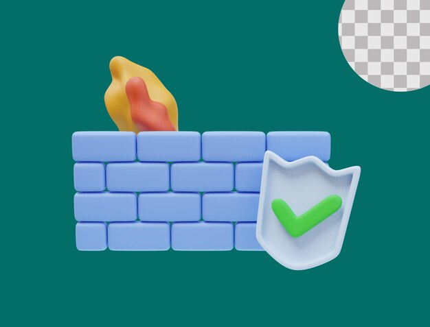 Icon 3d Pared de ladrillo Escudo de fuego Comprobar cortafuegos Concepto de protección de ciberseguridad Ilustración 3d para web o aplicación