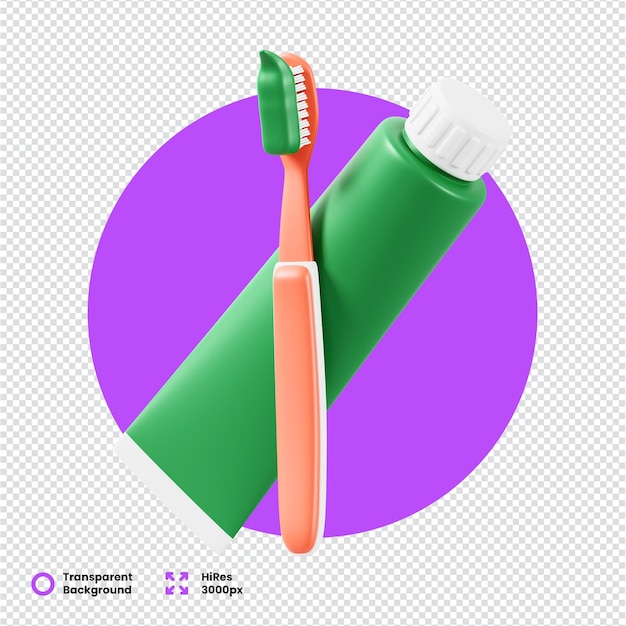 Icon 3D de pasta de dientes verde y cepillo de dientes naranja