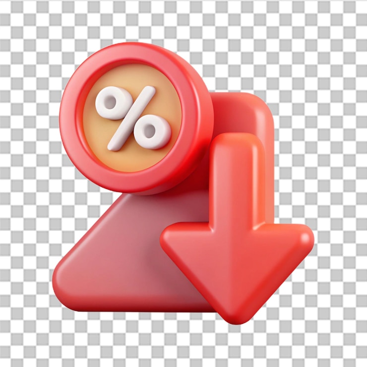 PSD icon 3d de porcentaje y flecha porcentaje con flecha hacia abajo reducción de tasas de interés finanzas bancarias crédito y concepto de esfera monetaria vector moderno y de moda en estilo 3d